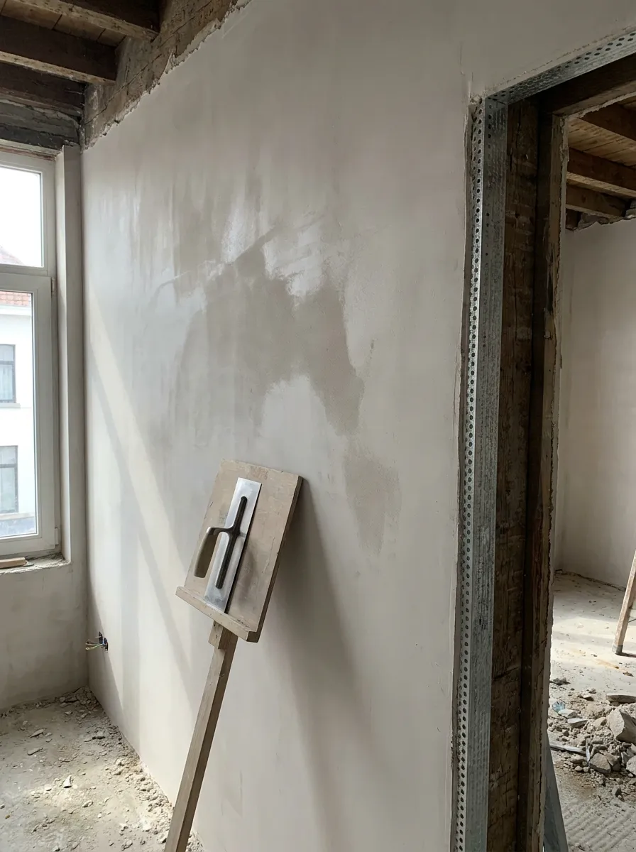 Vers gepleisterde wand met een gladde gipslaag, afgereid tot in de hoek van een raamopening