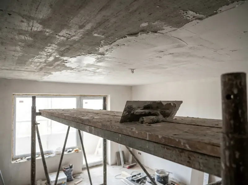 Betonplafond in een woonkamer, half bedekt met een verse laag gipspleister, gezien vanaf een werkstelling