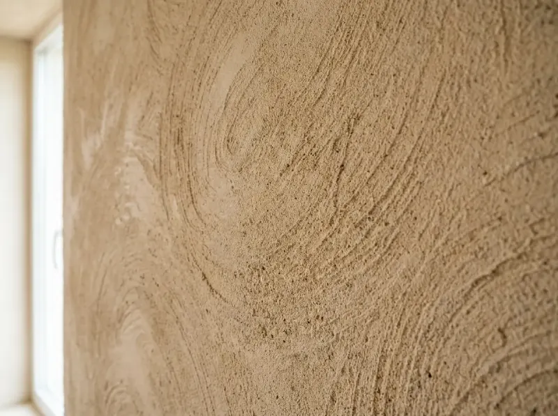 Close-up van een fijne spachtelpleister met korrel, aangebracht in cirkelbewegingen op een binnenmuur